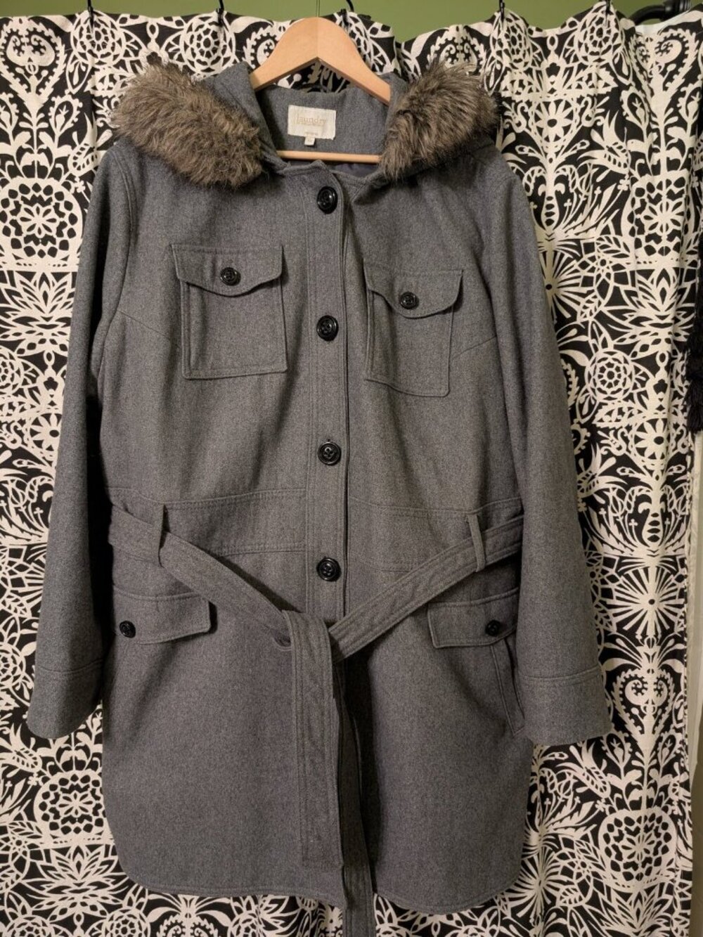 Laundry by Shelli Segal Gray Hooded Coat Faux Fur Trim Belted Plus Size 3X